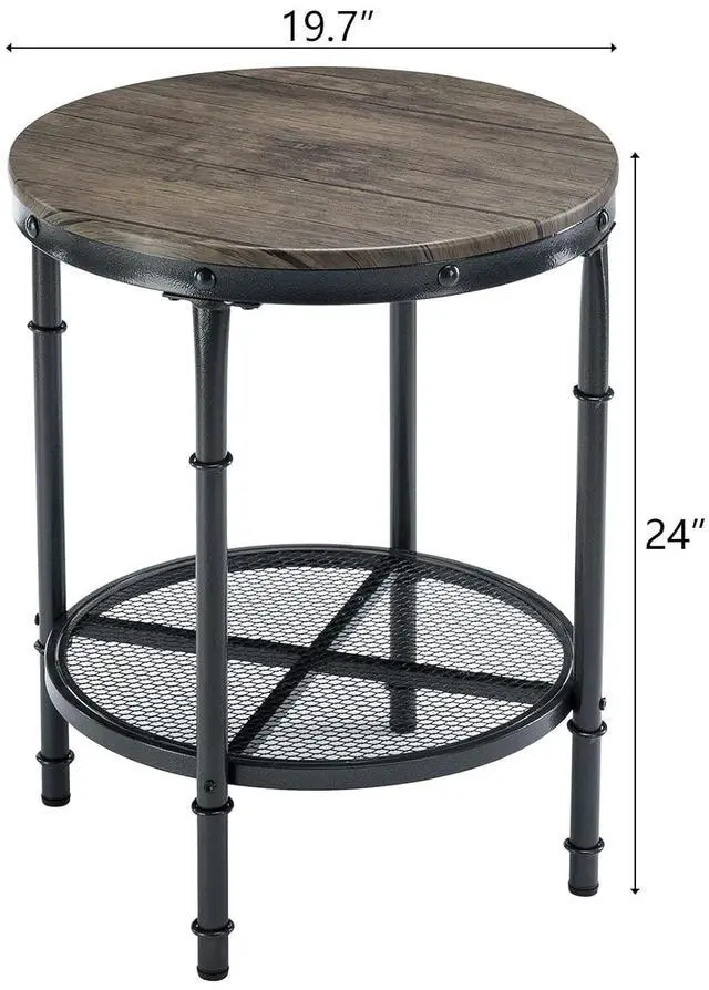 Alt view image 3 of 7 - 20" Side Table, Round End Tables Living Room, Industrial Small End Table with Metal Mesh, Rustic Farmhouse Side Tables for Bedroom, Office, Corner, Walnut