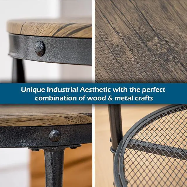 Alt view image 4 of 7 - 20" Side Table, Round End Tables Living Room, Industrial Small End Table with Metal Mesh, Rustic Farmhouse Side Tables for Bedroom, Office, Corner, Walnut