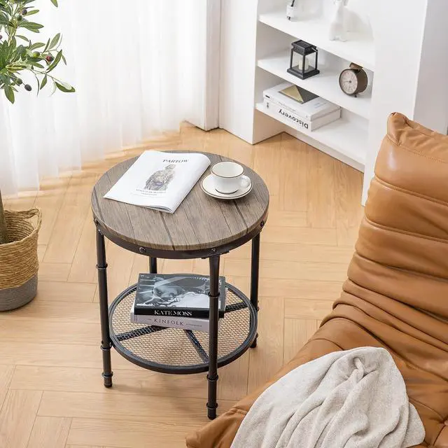Alt view image 2 of 7 - 20" Side Table, Round End Tables Living Room, Industrial Small End Table with Metal Mesh, Rustic Farmhouse Side Tables for Bedroom, Office, Corner, Walnut