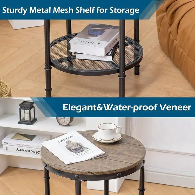 Alt view image 5 of 7 - 20" Side Table, Round End Tables Living Room, Industrial Small End Table with Metal Mesh, Rustic Farmhouse Side Tables for Bedroom, Office, Corner, Walnut