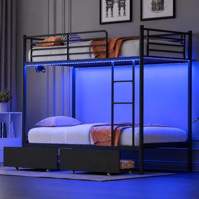 Main image of Metal Bunk Bed Frame Twin Over Twin with 2 Drawers, LED Lights, Safety Guardrail & Ladder, Charging Station, for Kids, Teens & Adults, Space-Saving, No Box Spring Needed, Black