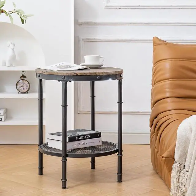 Alt view image 7 of 7 - 20" Side Table, Round End Tables Living Room, Industrial Small End Table with Metal Mesh, Rustic Farmhouse Side Tables for Bedroom, Office, Corner, Walnut