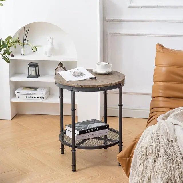 Alt view image 6 of 7 - 20" Side Table, Round End Tables Living Room, Industrial Small End Table with Metal Mesh, Rustic Farmhouse Side Tables for Bedroom, Office, Corner, Walnut