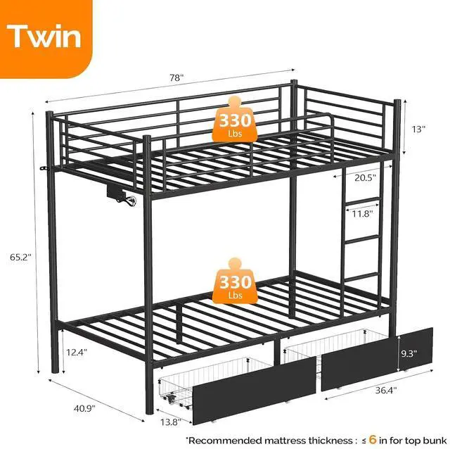 Alt view image 2 of 7 - Metal Bunk Bed Frame Twin Over Twin with 2 Drawers, LED Lights, Safety Guardrail & Ladder, Charging Station, for Kids, Teens & Adults, Space-Saving, No Box Spring Needed, Black
