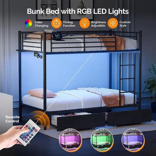 Alt view image 5 of 7 - Metal Bunk Bed Frame Twin Over Twin with 2 Drawers, LED Lights, Safety Guardrail & Ladder, Charging Station, for Kids, Teens & Adults, Space-Saving, No Box Spring Needed, Black