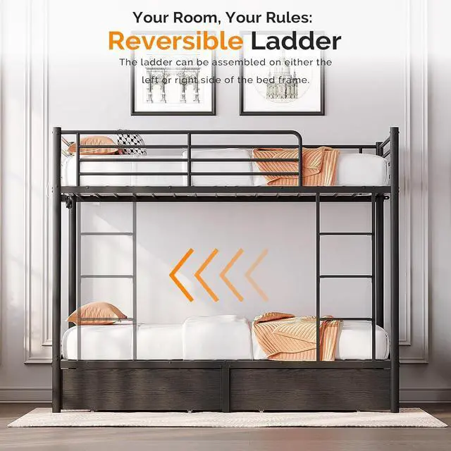 Alt view image 6 of 7 - Metal Bunk Bed Frame Twin Over Twin with 2 Drawers, LED Lights, Safety Guardrail & Ladder, Charging Station, for Kids, Teens & Adults, Space-Saving, No Box Spring Needed, Black