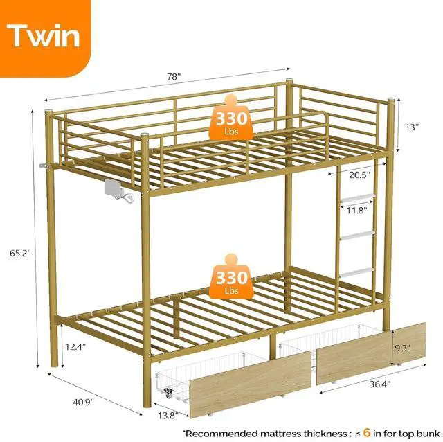 Alt view image 2 of 7 - Metal Bunk Bed Frame Twin Over Twin with 2 Drawers, LED Lights, Safety Guardrail & Ladder, Charging Station, for Kids, Teens & Adults, Space-Saving, No Box Spring Needed, Gold