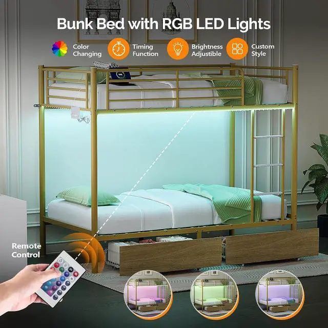 Alt view image 3 of 7 - Metal Bunk Bed Frame Twin Over Twin with 2 Drawers, LED Lights, Safety Guardrail & Ladder, Charging Station, for Kids, Teens & Adults, Space-Saving, No Box Spring Needed, Gold