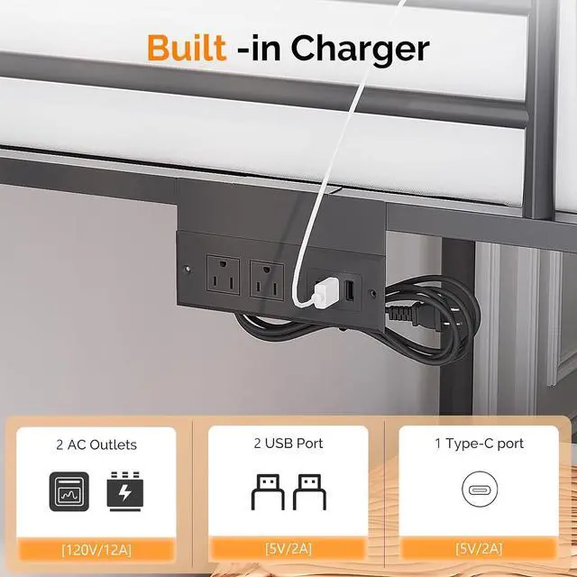 Alt view image 4 of 7 - Metal Bunk Bed Frame Twin Over Twin with 2 Drawers, LED Lights, Safety Guardrail & Ladder, Charging Station, for Kids, Teens & Adults, Space-Saving, No Box Spring Needed, Black