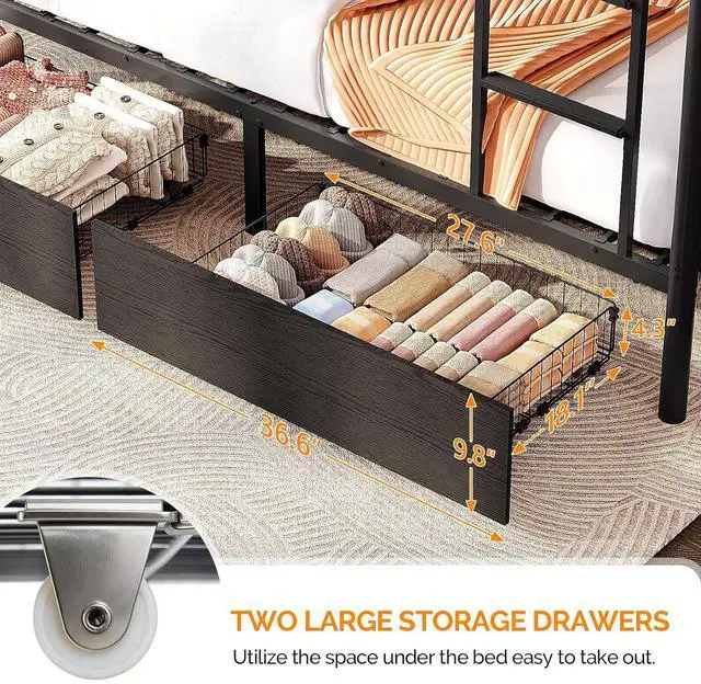 Alt view image 3 of 7 - Metal Bunk Bed Frame Twin Over Twin with 2 Drawers, LED Lights, Safety Guardrail & Ladder, Charging Station, for Kids, Teens & Adults, Space-Saving, No Box Spring Needed, Black