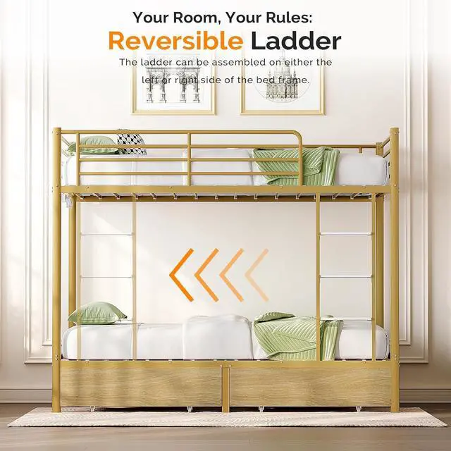 Alt view image 4 of 7 - Metal Bunk Bed Frame Twin Over Twin with 2 Drawers, LED Lights, Safety Guardrail & Ladder, Charging Station, for Kids, Teens & Adults, Space-Saving, No Box Spring Needed, Gold