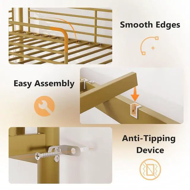 Alt view image 5 of 7 - Metal Bunk Bed Frame Twin Over Twin with 2 Drawers, LED Lights, Safety Guardrail & Ladder, Charging Station, for Kids, Teens & Adults, Space-Saving, No Box Spring Needed, Gold
