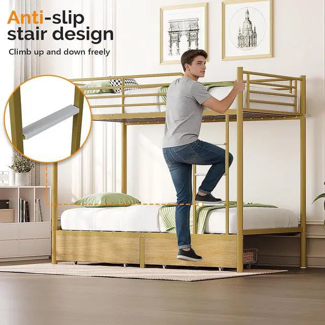 Alt view image 7 of 7 - Metal Bunk Bed Frame Twin Over Twin with 2 Drawers, LED Lights, Safety Guardrail & Ladder, Charging Station, for Kids, Teens & Adults, Space-Saving, No Box Spring Needed, Gold