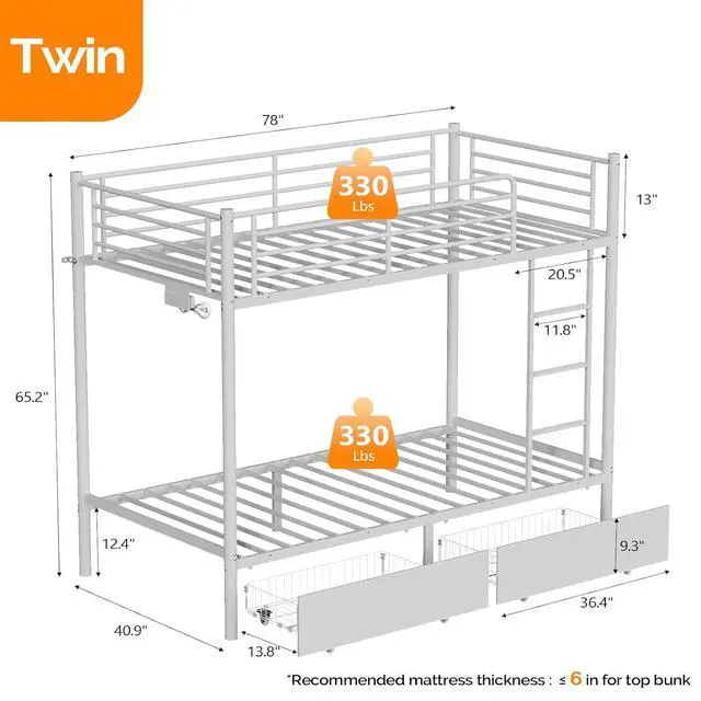 Alt view image 2 of 7 - Metal Bunk Bed Frame Twin Over Twin with 2 Drawers, LED Lights, Safety Guardrail & Ladder, Charging Station, for Kids, Teens & Adults, Space-Saving, No Box Spring Needed, White