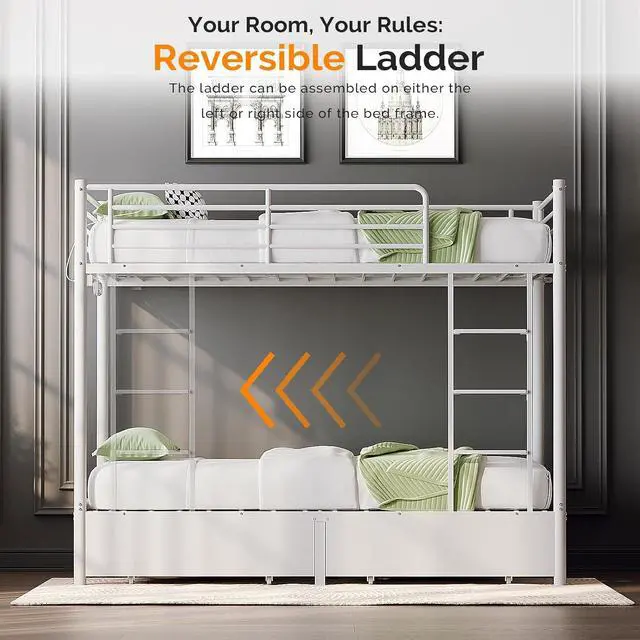 Alt view image 7 of 7 - Metal Bunk Bed Frame Twin Over Twin with 2 Drawers, LED Lights, Safety Guardrail & Ladder, Charging Station, for Kids, Teens & Adults, Space-Saving, No Box Spring Needed, White