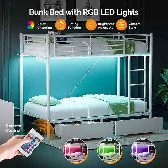 Alt view image 6 of 7 - Metal Bunk Bed Frame Twin Over Twin with 2 Drawers, LED Lights, Safety Guardrail & Ladder, Charging Station, for Kids, Teens & Adults, Space-Saving, No Box Spring Needed, White