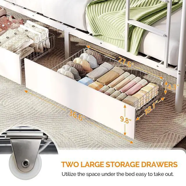 Alt view image 5 of 7 - Metal Bunk Bed Frame Twin Over Twin with 2 Drawers, LED Lights, Safety Guardrail & Ladder, Charging Station, for Kids, Teens & Adults, Space-Saving, No Box Spring Needed, White