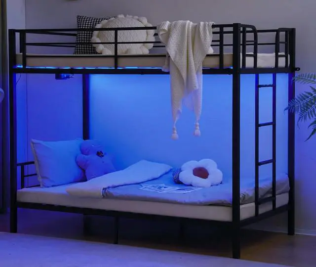 Main image of Metal Bunk Bed Twin Over Twin with LED Lights and Charging Station, Heavy Duty Twin Bunk Bed with 13.4-Inch Guardrails, Non-Slip Ladder, 8-Inch Underbed Storage, No Box Spring Needed, Black