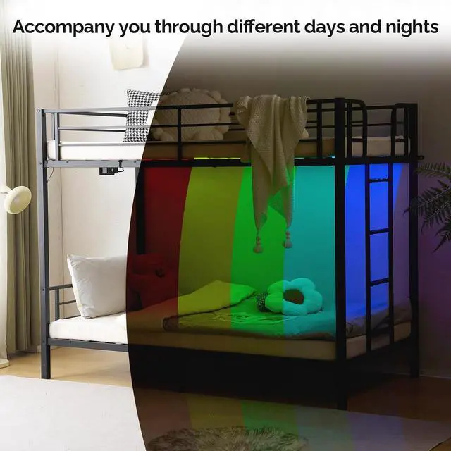 Alt view image 3 of 7 - Metal Bunk Bed Twin Over Twin with LED Lights and Charging Station, Heavy Duty Twin Bunk Bed with 13.4-Inch Guardrails, Non-Slip Ladder, 8-Inch Underbed Storage, No Box Spring Needed, Black