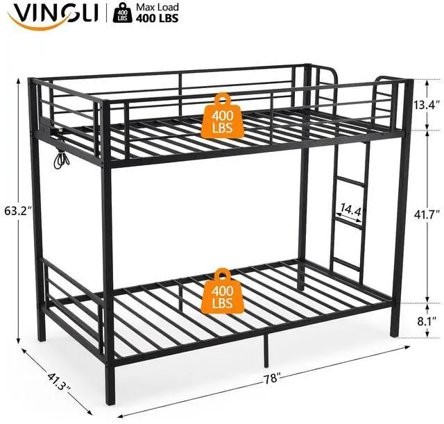 Alt view image 2 of 7 - Metal Bunk Bed Twin Over Twin with LED Lights and Charging Station, Heavy Duty Twin Bunk Bed with 13.4-Inch Guardrails, Non-Slip Ladder, 8-Inch Underbed Storage, No Box Spring Needed, Black