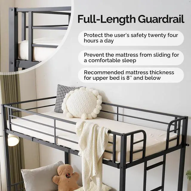 Alt view image 6 of 7 - Metal Bunk Bed Twin Over Twin with LED Lights and Charging Station, Heavy Duty Twin Bunk Bed with 13.4-Inch Guardrails, Non-Slip Ladder, 8-Inch Underbed Storage, No Box Spring Needed, Black