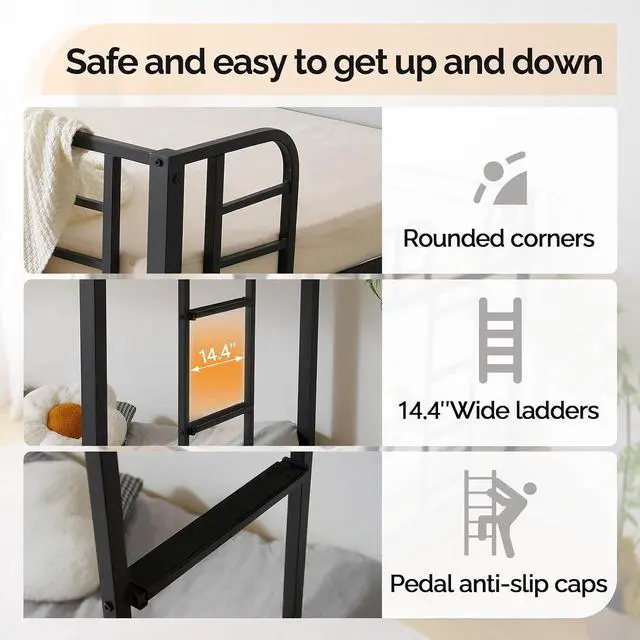 Alt view image 5 of 7 - Metal Bunk Bed Twin Over Twin with LED Lights and Charging Station, Heavy Duty Twin Bunk Bed with 13.4-Inch Guardrails, Non-Slip Ladder, 8-Inch Underbed Storage, No Box Spring Needed, Black