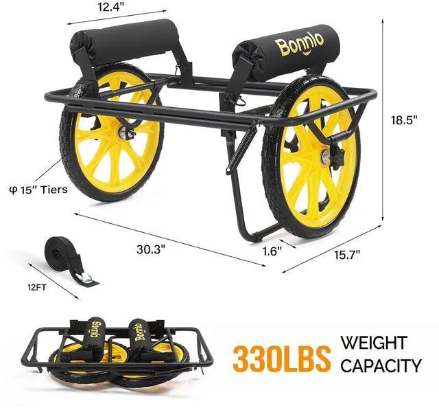 Alt view image 7 of 7 - Durable Canoe Cart, All-Terrain Trolley Carrier with 15" Large Kayak Wheels, 330lbs Kayak Cart Dolly with Kickstand, Adjustable 4 Postions (8.66"-19.69") to Fit Kayaks, Canoes, and Small Boats