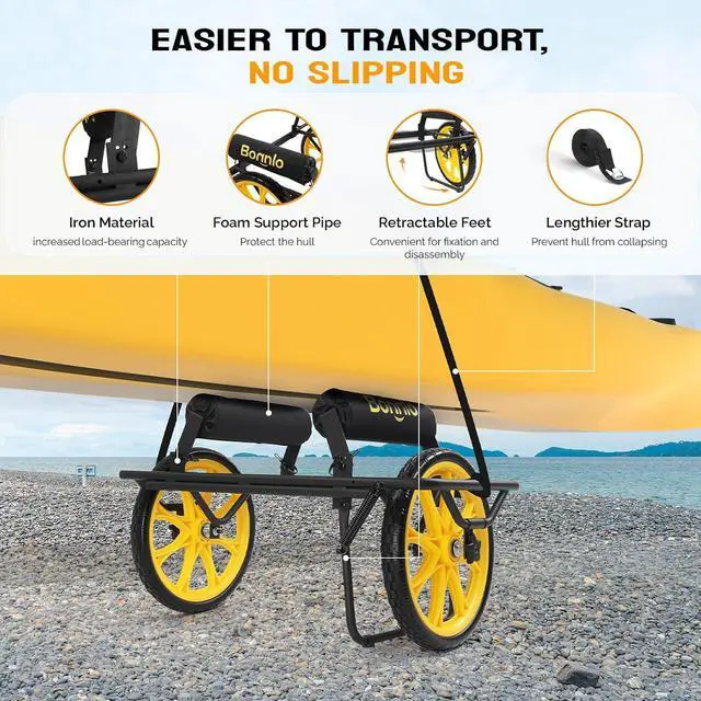 Alt view image 4 of 7 - Durable Canoe Cart, All-Terrain Trolley Carrier with 15" Large Kayak Wheels, 330lbs Kayak Cart Dolly with Kickstand, Adjustable 4 Postions (8.66"-19.69") to Fit Kayaks, Canoes, and Small Boats