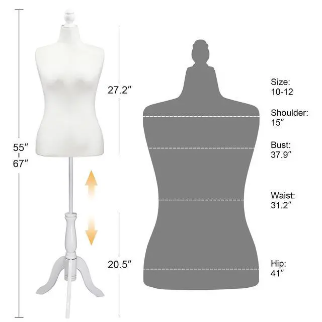 Alt view image 2 of 7 - Female Dress Form Size 10-12, Adjustable Height Torso Body with Upgraded Tripod Stand, Medium Size Mannequin for Sewing and Display (10-12, White)