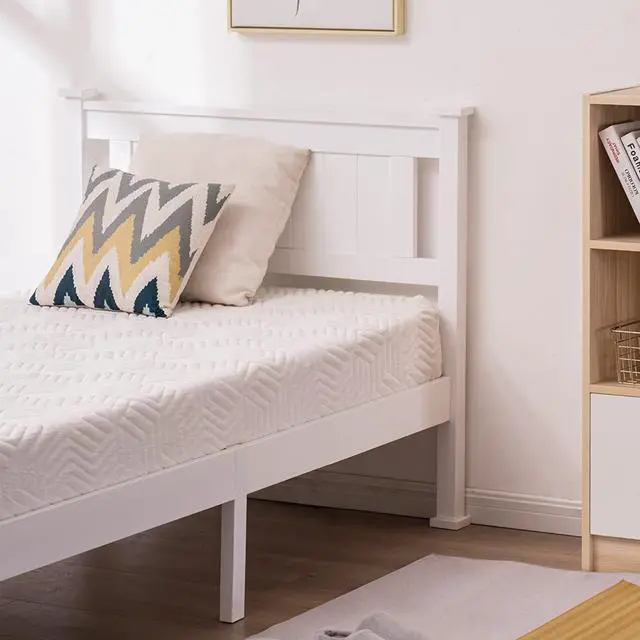Alt view image 5 of 7 - Twin Size Solid Wood Platform Bed Frame, Single Bed with Headboard, No Box Spring Needed Panel Bed, Wood Slat Support Mattress Foundation, White