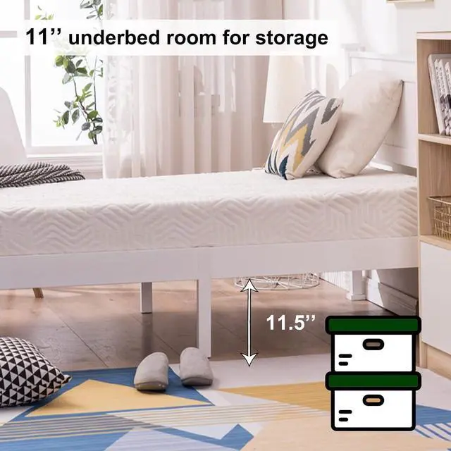 Alt view image 4 of 7 - Twin Size Solid Wood Platform Bed Frame, Single Bed with Headboard, No Box Spring Needed Panel Bed, Wood Slat Support Mattress Foundation, White