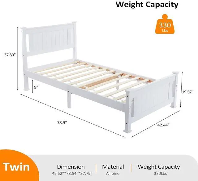 Alt view image 2 of 7 - Twin Size Solid Wood Platform Bed Frame, Single Bed with Headboard, No Box Spring Needed Panel Bed, Wood Slat Support Mattress Foundation, White