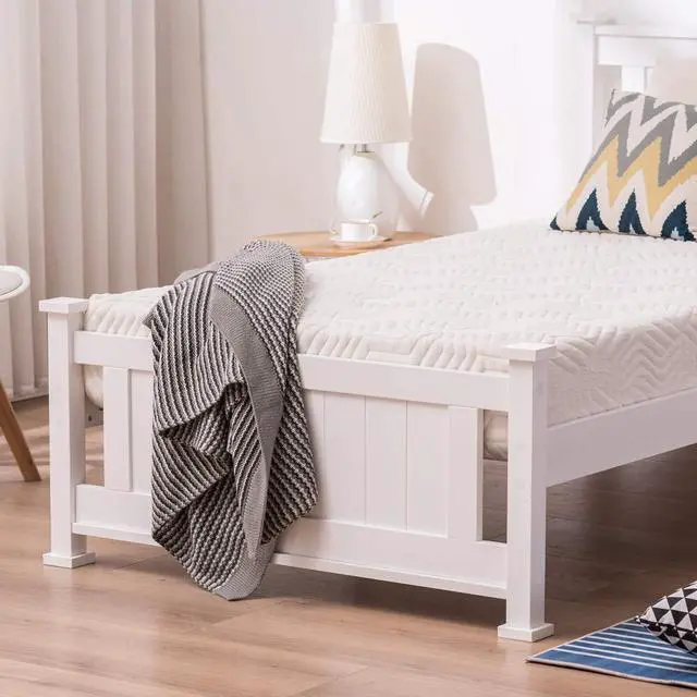 Alt view image 6 of 7 - Twin Size Solid Wood Platform Bed Frame, Single Bed with Headboard, No Box Spring Needed Panel Bed, Wood Slat Support Mattress Foundation, White