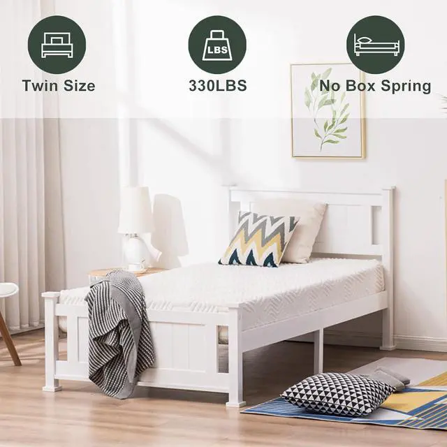 Alt view image 3 of 7 - Twin Size Solid Wood Platform Bed Frame, Single Bed with Headboard, No Box Spring Needed Panel Bed, Wood Slat Support Mattress Foundation, White