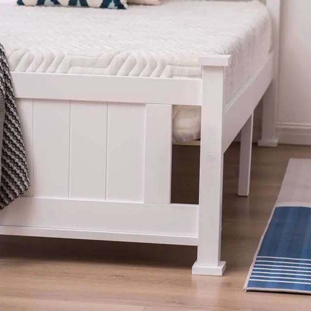 Alt view image 7 of 7 - Twin Size Solid Wood Platform Bed Frame, Single Bed with Headboard, No Box Spring Needed Panel Bed, Wood Slat Support Mattress Foundation, White