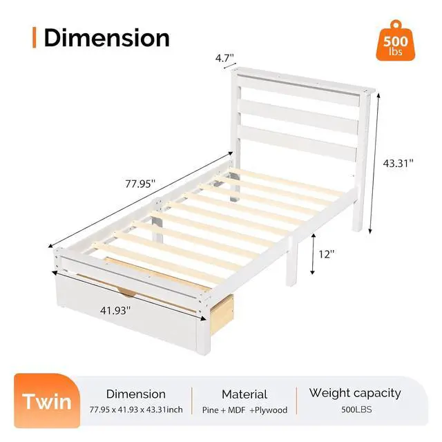 Alt view image 2 of 7 - Solid Wood Twin Bed Frames with Headboard Shelf Storage,LED Lights,Charging Station, Platform Bed with Drawer,Easy Assembly,White