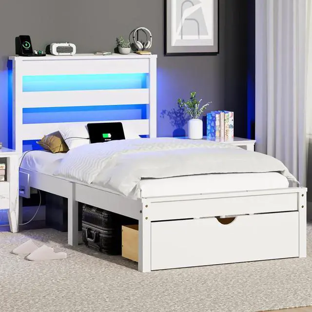 Main image of Solid Wood Twin Bed Frames with Headboard Shelf Storage,LED Lights,Charging Station, Platform Bed with Drawer,Easy Assembly,White
