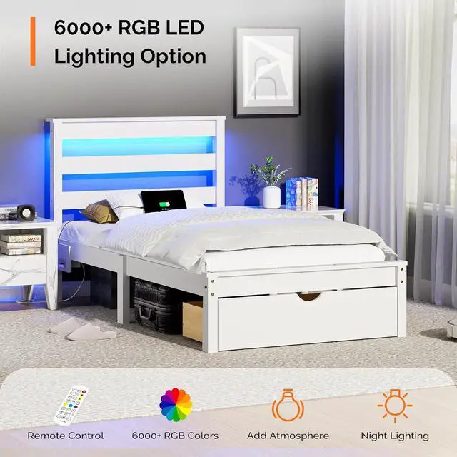 Alt view image 4 of 7 - Solid Wood Twin Bed Frames with Headboard Shelf Storage,LED Lights,Charging Station, Platform Bed with Drawer,Easy Assembly,White