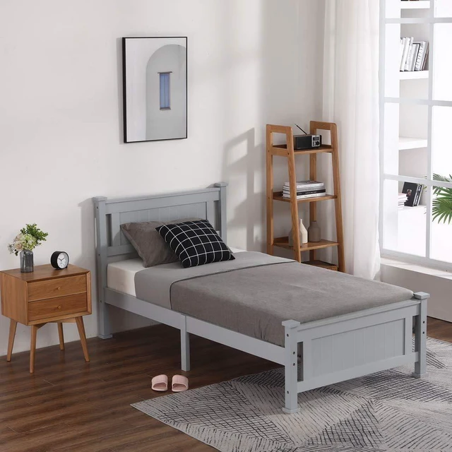 Main image of Twin Size Solid Wood Platform Bed Frame Kids Bed, Single Bed with Headboard, No Box Spring Needed Panel Bed, Wood Slat Support Mattress Foundation, Gray