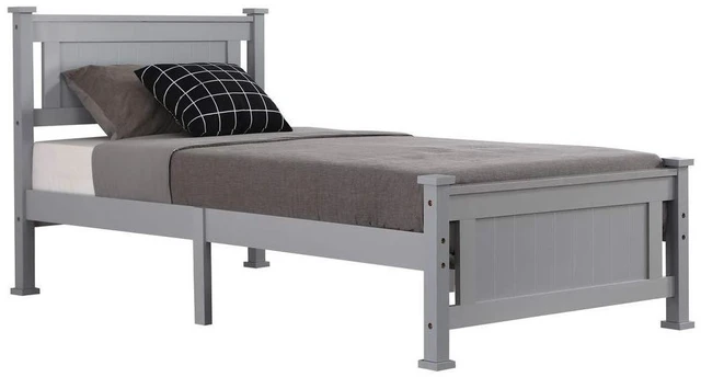 Alt view image 3 of 7 - Twin Size Solid Wood Platform Bed Frame Kids Bed, Single Bed with Headboard, No Box Spring Needed Panel Bed, Wood Slat Support Mattress Foundation, Gray
