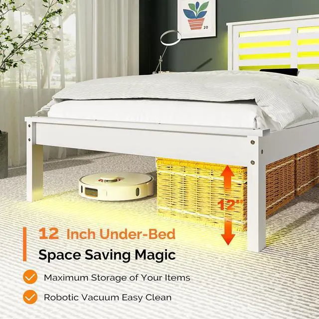 Alt view image 6 of 7 - Solid Wood Twin Bed Frames with Headboard Shelf Storage,LED Lights,Charging Station, Platform Bed with Drawer,Easy Assembly,White