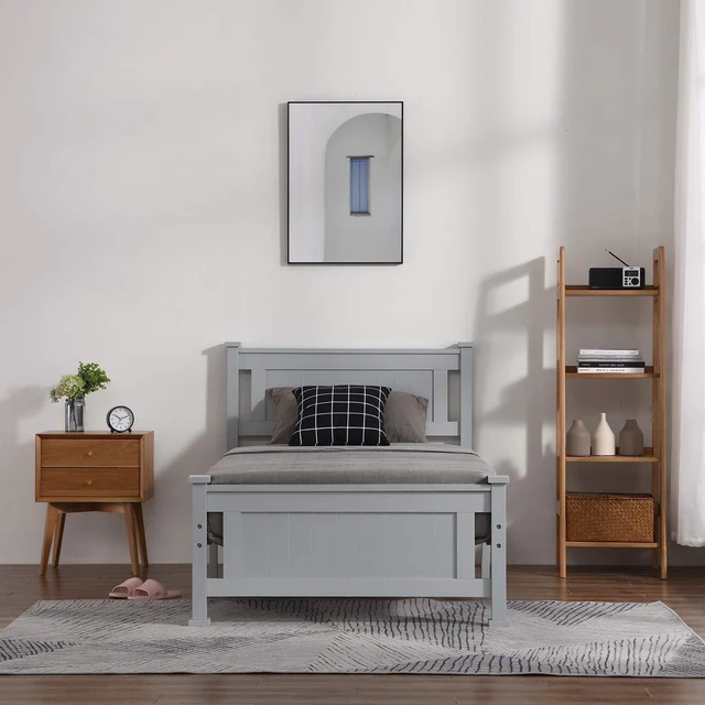 Alt view image 5 of 7 - Twin Size Solid Wood Platform Bed Frame Kids Bed, Single Bed with Headboard, No Box Spring Needed Panel Bed, Wood Slat Support Mattress Foundation, Gray