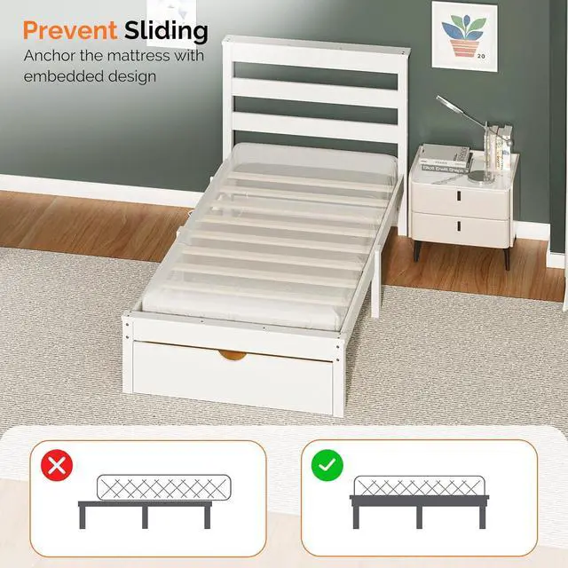 Alt view image 7 of 7 - Solid Wood Twin Bed Frames with Headboard Shelf Storage,LED Lights,Charging Station, Platform Bed with Drawer,Easy Assembly,White
