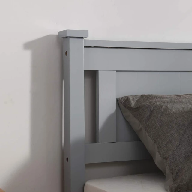 Alt view image 6 of 7 - Twin Size Solid Wood Platform Bed Frame Kids Bed, Single Bed with Headboard, No Box Spring Needed Panel Bed, Wood Slat Support Mattress Foundation, Gray