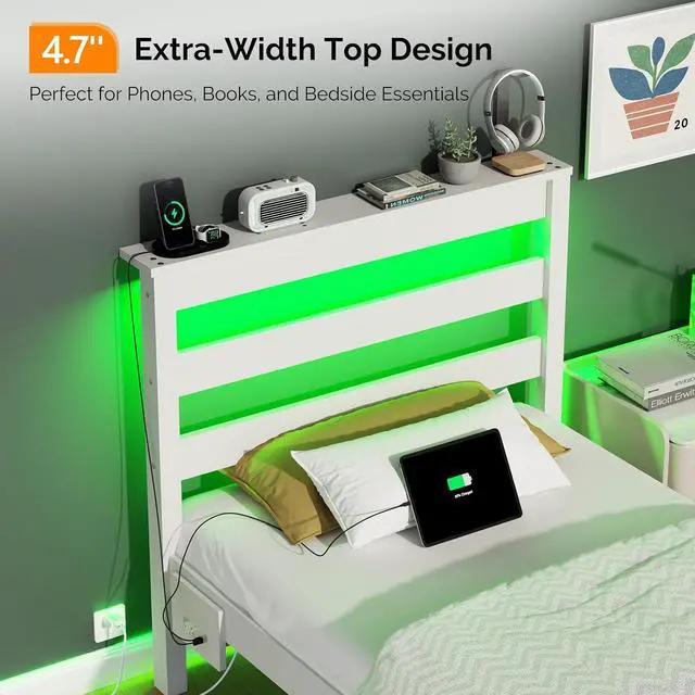 Alt view image 5 of 7 - Solid Wood Twin Bed Frames with Headboard Shelf Storage,LED Lights,Charging Station, Platform Bed with Drawer,Easy Assembly,White