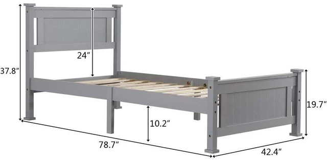 Alt view image 2 of 7 - Twin Size Solid Wood Platform Bed Frame Kids Bed, Single Bed with Headboard, No Box Spring Needed Panel Bed, Wood Slat Support Mattress Foundation, Gray