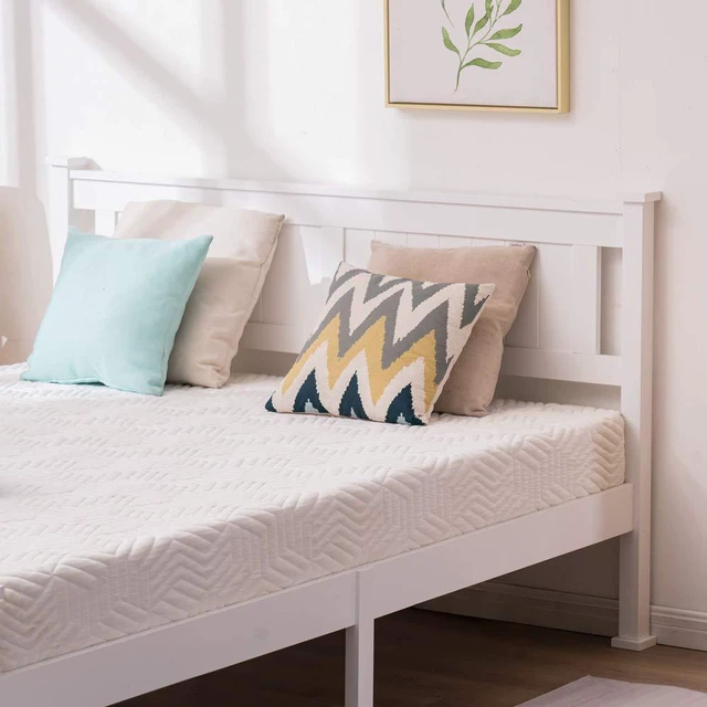 Alt view image 3 of 7 - Full Size Solid Wood Platform Bed Frame, Panel Bed with Headboard, No Box Spring Needed Bed Base, Wood Slat Support Mattress Foundation, White
