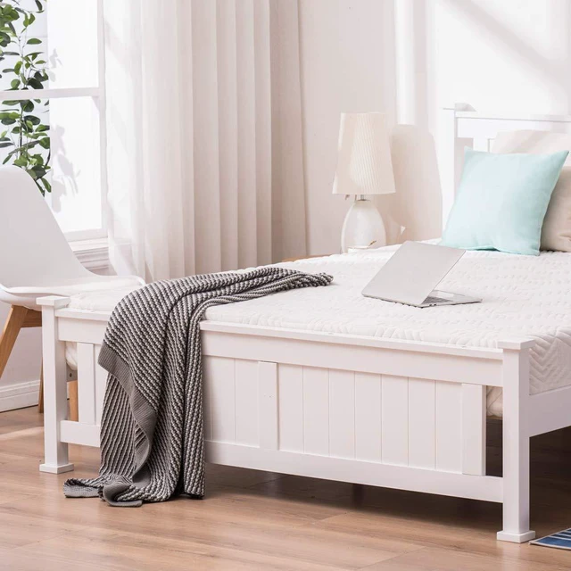 Alt view image 4 of 7 - Full Size Solid Wood Platform Bed Frame, Panel Bed with Headboard, No Box Spring Needed Bed Base, Wood Slat Support Mattress Foundation, White
