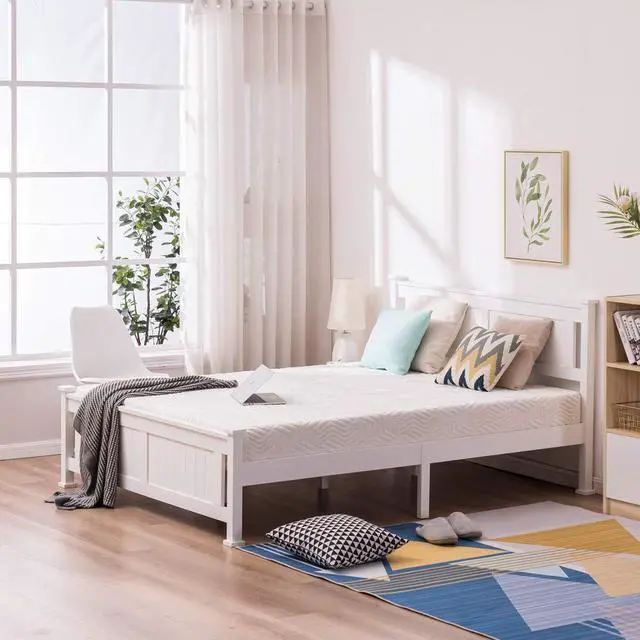 Alt view image 6 of 7 - Full Size Solid Wood Platform Bed Frame, Panel Bed with Headboard, No Box Spring Needed Bed Base, Wood Slat Support Mattress Foundation, White