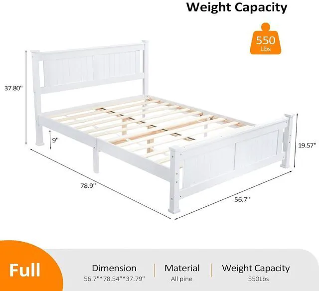 Alt view image 2 of 7 - Full Size Solid Wood Platform Bed Frame, Panel Bed with Headboard, No Box Spring Needed Bed Base, Wood Slat Support Mattress Foundation, White